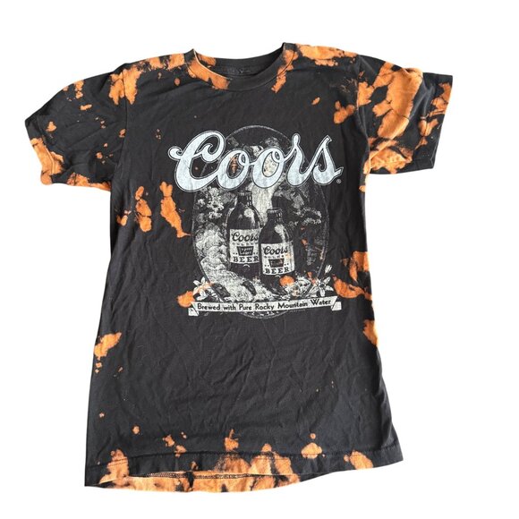 Coors Bleach Dye Graphic T-Shirt Black & Orange Short Sleeve Unisex Casual Crew - Picture 1 of 2